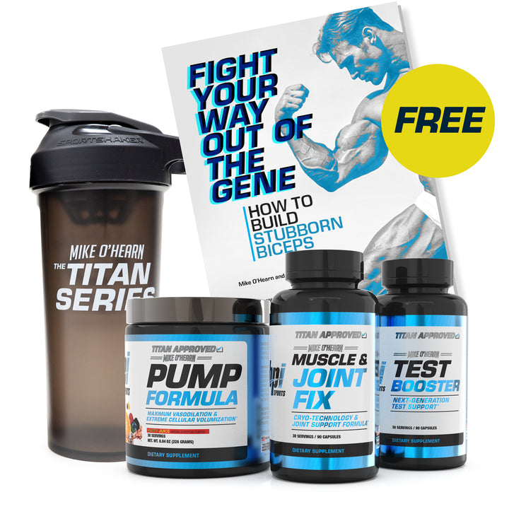 Mike O'Hearn Super bundle. Includes:  PUMP FORMULA container, Natty Juice flavor / TEST BOOSTER bottle / MUSCLE & JOINT FIX bottle  / MIKE O'HEARN TITAN SERIES SHAKER CUP  / HOW TO BUILD STUBBORN BICEPS EBOOK - BY MIKE O’HEARN (FREE EBOOK)