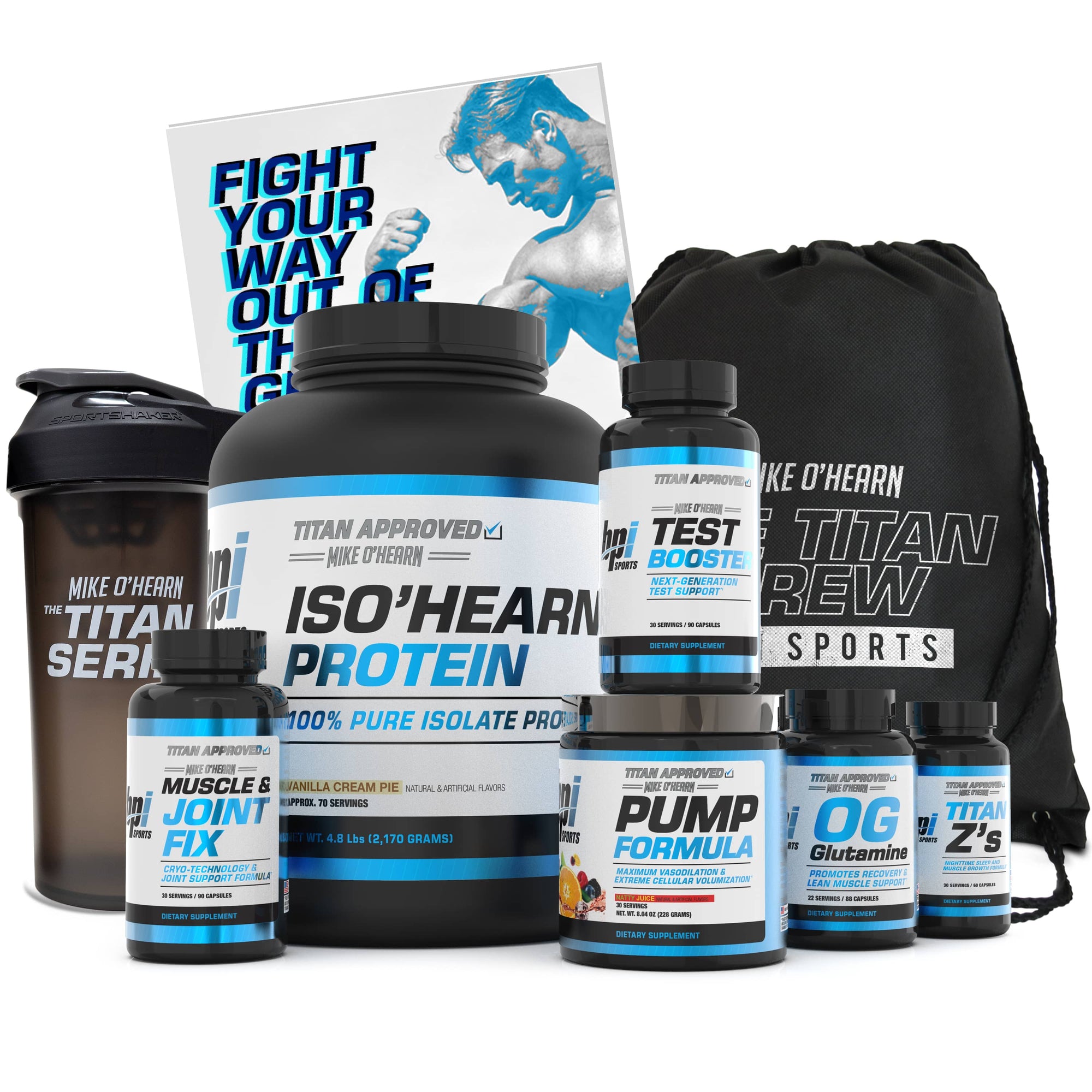 Mike O'Hearn Bundle. Includes ISO'HEARN IN VANILLA CREAM PIE  OG GLUTAMINE  TITAN Z'S  MIKE O'HEARN TITAN SERIES SHAKER CUP  TITAN CREW DRAWSTRING BAG  HOW TO BUILD STUBBORN BICEPS EBOOK  PUMP FORMULA IN NATTY JUICE  MUSCLE & JOINT FIX  TEST BOOSTER
