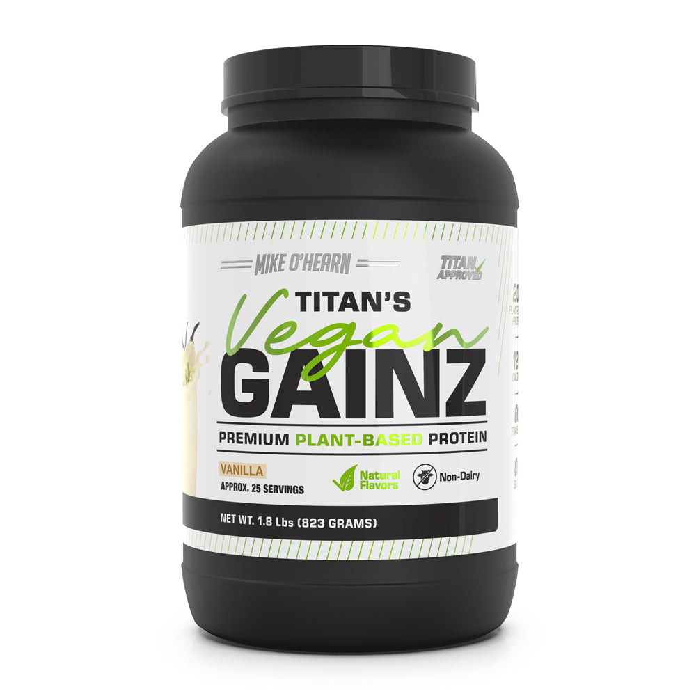 Titan's vegan Gainz container. Premium plant based protein. Vanilla flavor. Natural Flavor. Non dairy. Net weight 1.8 pounds / 823 grams